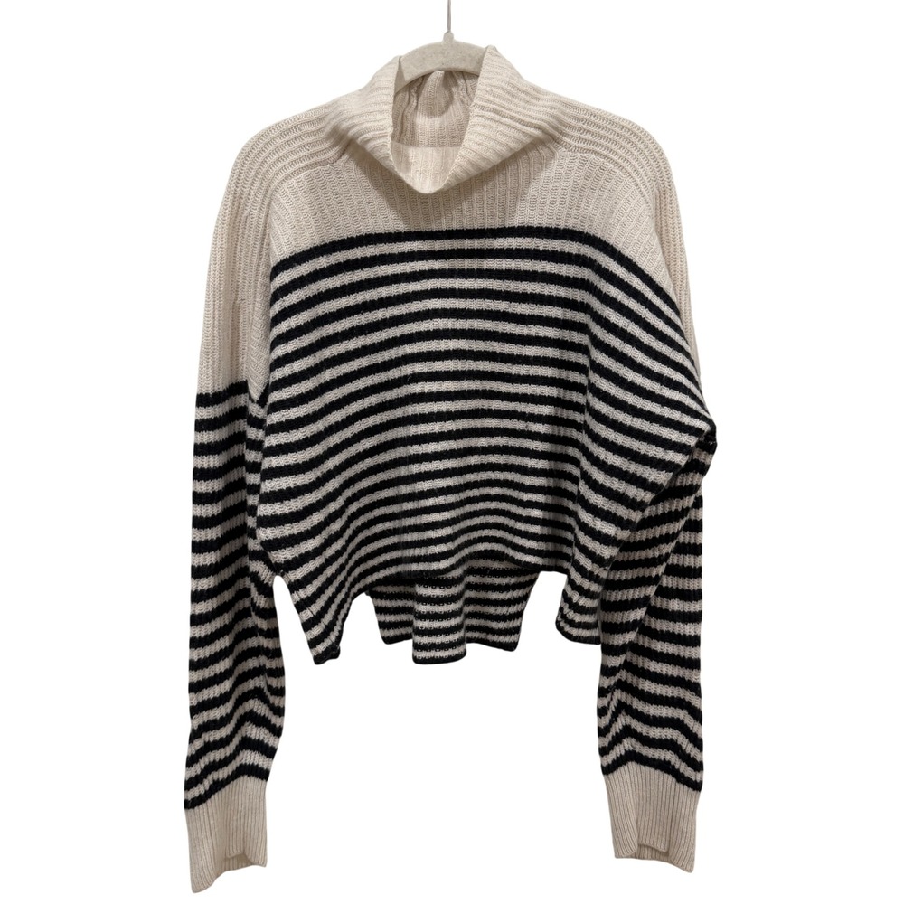Rag & Bone Striped Wool Cashmere Mock Neck Cropped Sweater Ivory Black XS